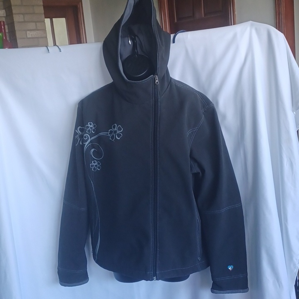 Kuhl Women's Hard-shell Jacket Hooded, Black W/Floral Wrap Around S XL, 24" PTP